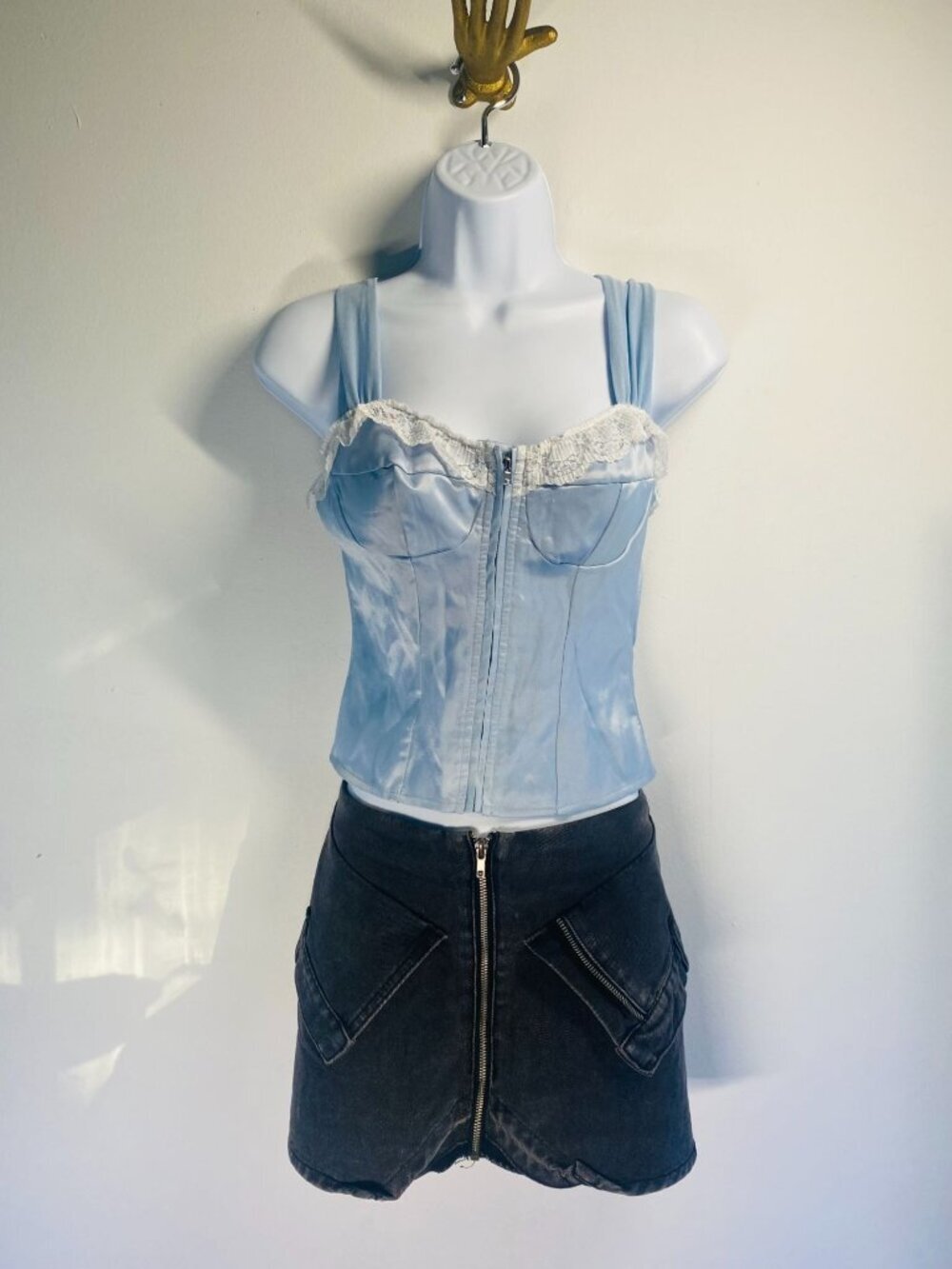 Cider Light Blue Satin Corset Top With Lace Trim & Adjustable Straps